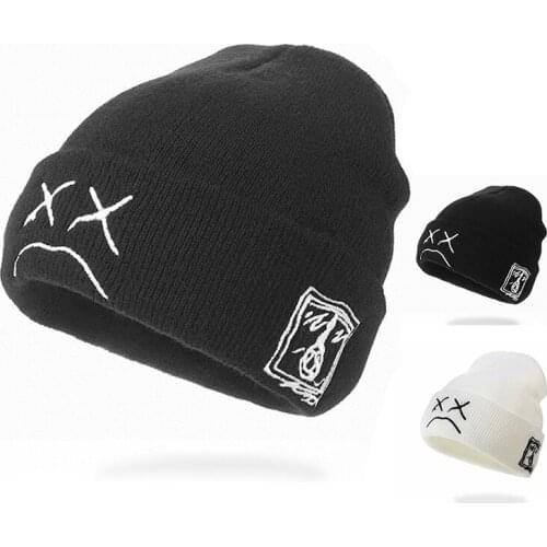 New Embroidered Knitted Hat With Sad Expression, Beanie, Knitted hat, Hip-hop Style, Warm Woolen Hat for Men And Women