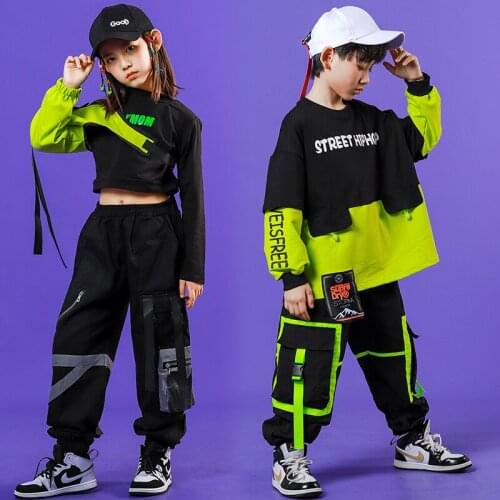 Hip Hop Clothing Green Sleeves Tops Street Dance Costume Girls Casual Pants Jazz Stage Clothes Kids Ballroom Dancewear BL5354
