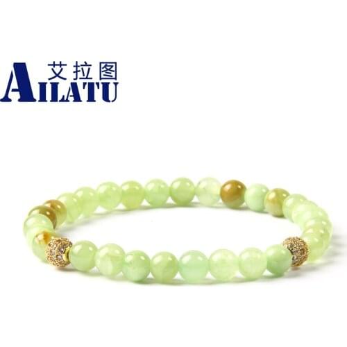 Ailatu 10 Pieces Wholesale Jewelry 6mm Natural Light Green Stone with Clear Cz Beaded Bracelet for Girl and Womens Gift