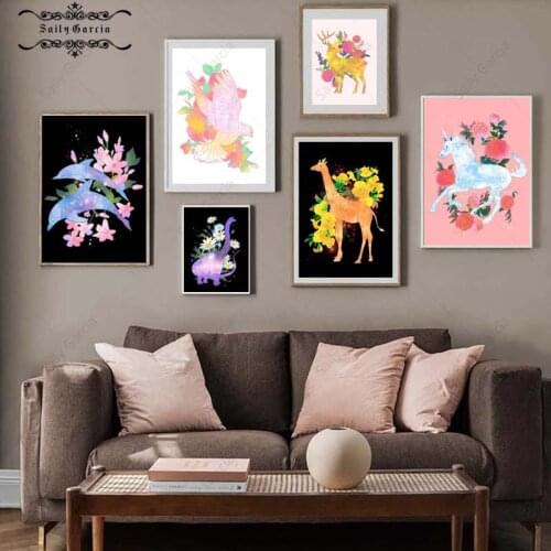 Cartoon Animal Poster Dinosaur Unicorn Dolphin Whale Giraffe Canvas Painting Nordic Print Wall Art Pictures for Kids Room Decor
