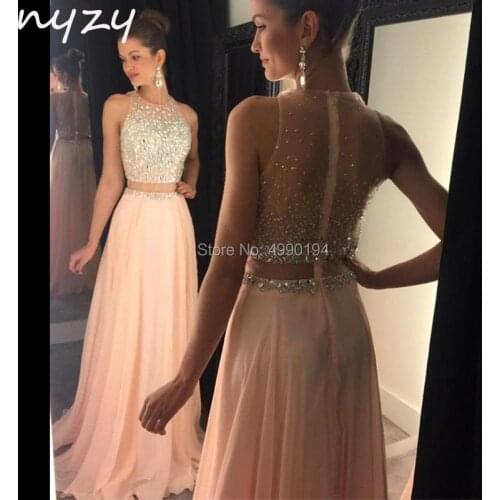 NYZY P7 Two Piece Prom Dresses 2019 Chiffon Crystal Dress Sheer Backless Pearl Pink vestido de festa longo robe longue