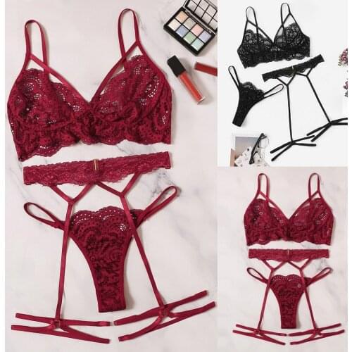 S-XL New Women Sexy Lingerie Lace Bra Hollow Thong Garter Sleepwear Black Lingerie Set Sexy Women Bras Fashion Exotic Underwear