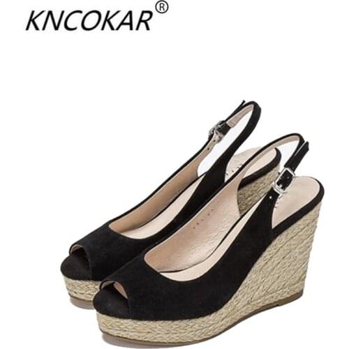 KNCOKAR New style wedges with fish mouth shoes golden silk rope sandal womens small size 31 32 33 large size 40 41 42 43