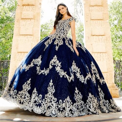 Navy Blue Quinceanera Dresses Ball Gown Off The Shoulder Tulle Appliques Beaded Puffy Cheap Sweet 16 Dresses