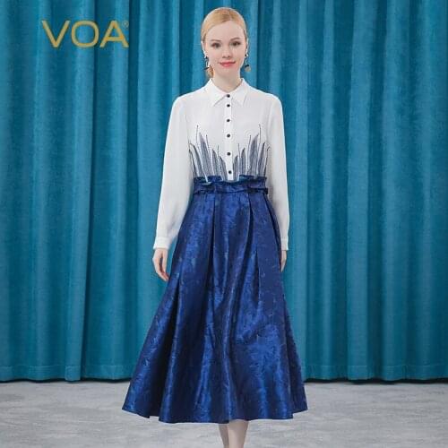 VOA 27m/m Jacquard Dark Blue Pointed Collar White Heavy Stitching Lace Waist Fake Two Shirt Skirt AE380 Womens Formal Dresses