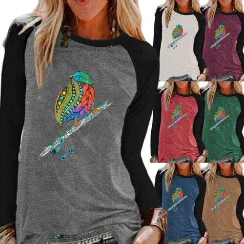 Ladies Autumn and Winter New Fashion Casual Long-sleeved Round Collar Shirt Bird Printing Raglan Sleeves Loose T-shirt XS-5XL