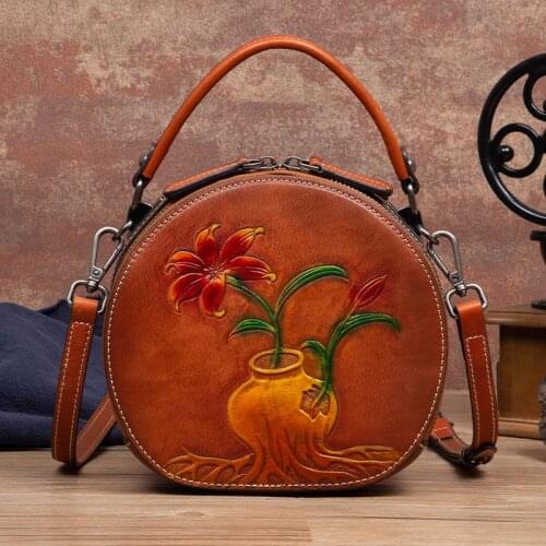 Retro Hand Painted Genuine Leather Women Bag 2021 Winter Vintage Embossed Circular Handbag Nature Cowhide Leisure Shoulder Bags