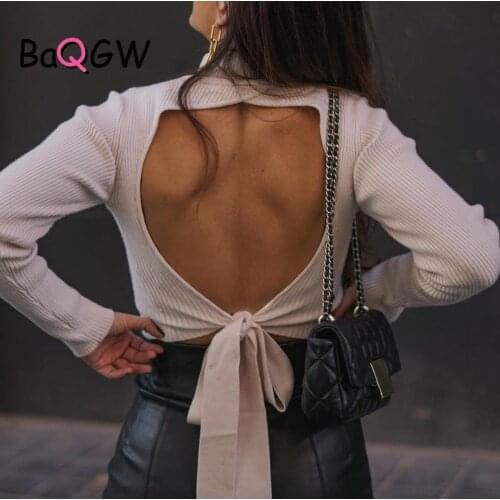 BaQGW Backless Woman Sweaters Lace up Solid Color Mock Neck Sweater Long Sleeve Crop Top Ladies Spring Casual Sexy Party Wear