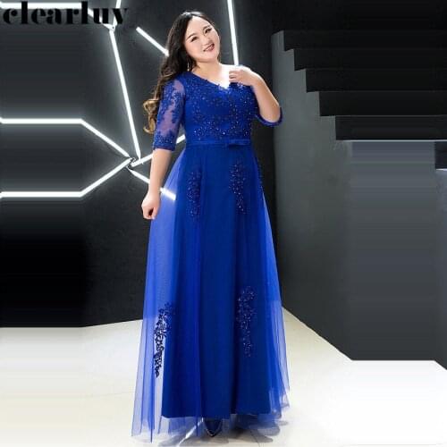 Formal Evening Dress Royal Blue Pearl Women Party Dresses T357 2019 New V-Neck Plus Size Robe De Soiree Half Sleeve Evening Gown