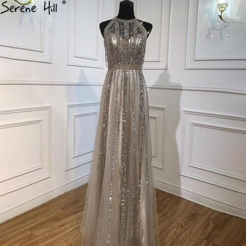 Serene Hill Brown Luxury Beadings A-Line Evening Gown For Women 2021 Tassel Sexy Halter Sleeveless Formal Party Dress CLA71085