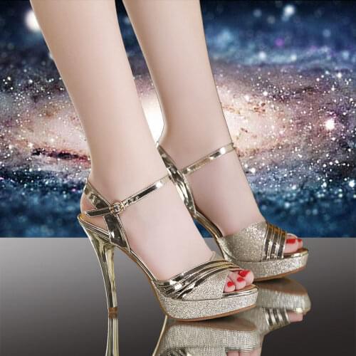 Golden Bright Leather Fish Mouth Sequins Thin Heels Sandals Classic Fashion Buckle Strap Non-Slip Designer Elegant Womens Shoes