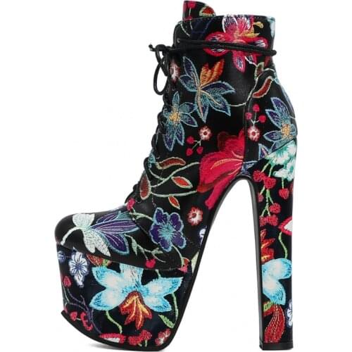 Fashion Flower Ankle Boots Women Shoes Platform 17cm Ultra High Heels Short Boots Lace-up Spring Boots Ladies Shoe Large size 46