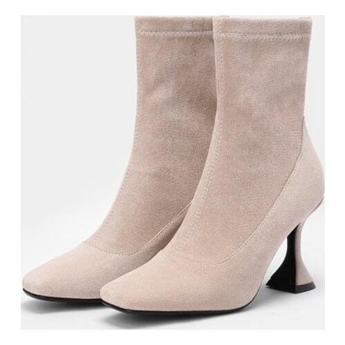 Ochanmeb Chic High Heels Boots Women Stretch Faux Suede Leather Nude Boots Woman Square Toe Slip ons Sock Boots Dress Shoes Lady
