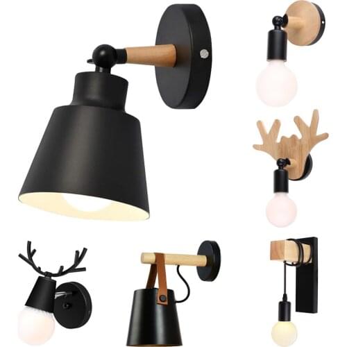 Nordic Wood Wall Lights Bedroom Bedside Lamp Black White Modern E27 Steering Head Wall Lamps LED Home Lighting Sconce Room Decor
