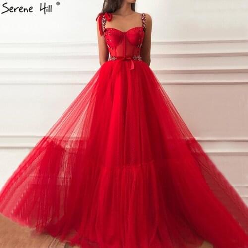 Dubai Red Sleeveless Crystal Bow Prom Dresses 2019 A-Line Sexy Fashion Prom Gowns Serene Hill BLA60952