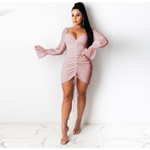 2021 Spring and Summer Sexy Elastic Sheath Dress Women Pleated Drawstring Mini Club Style Dresses