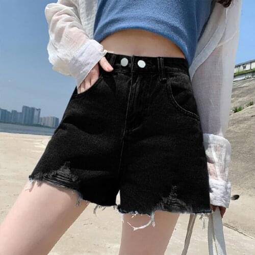 Trendy Nice New Summer Women Vintage Loose Hole Blue Denim Shorts Casual Female Wide Leg Solid Color Frayed Black Jeans Shorts