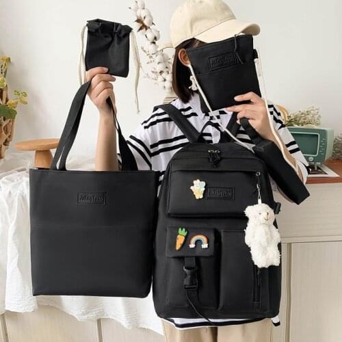 Fashion Womens Backpack 5-piece Nylon Solid Color School Bag For Girls Waterproof Large Capacity Backpacks With Many Pockets