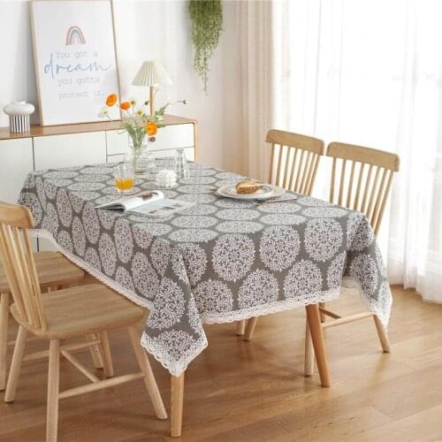 Soft Polyester Cotton Tablecloth Flower and Map Newspaper with Lace Hem for Dining Room Picnic Mat Home Cushion Cover Decor