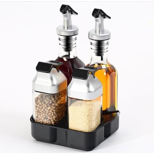 5Pcs Set Oil And Vinegar Salt Pepper Dispenser Set With Storage Tray Glass Bottle Stainless Steel Spout For Oil Vinegar Salt