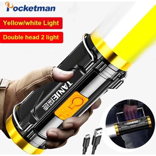 Newest Yellow And White Dual Light Source Flashlight Lanterna Outdoor USB rechargeable Led Spotlight Portable Searchlight