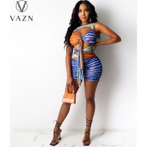 VAZN 2021 New Arrival Striped Hollow Out Sexy Open Beach Young Fashion Halter Off Shoulder Women High Waist Skinny Playsuits