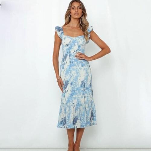 New Arribals Sexy Long Ruffle Tie Dye Womens Dress Summer Beach Casual Midi Dress Strap Print Female Sundress Vestidos 2021