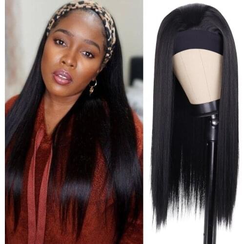 12 22 26 30inch Long Black Straight Headband Wigs Heat Resistant Synthetic Hair Wig Machine Made Wig For Black Women