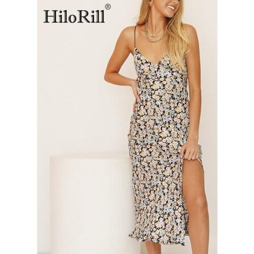 HiloRill Summer Sexy Beach Spaghetti Strap Dresses Women Boho Floral Print Split Midi Dress Sleeveless Backless Holiday Dress
