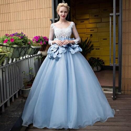 2020 Cinderella Long Sleeve Prom Dresses Dreamy Light Blue Handmade Flower Princess Evening Dress Custom Made Vestido de festa