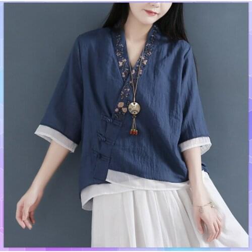 Retro T-shirt Floral Embroidered Womens Cotton Linen T-shirts Tops Hanfu Double-layer Slant Placket Button Top Chinese Style