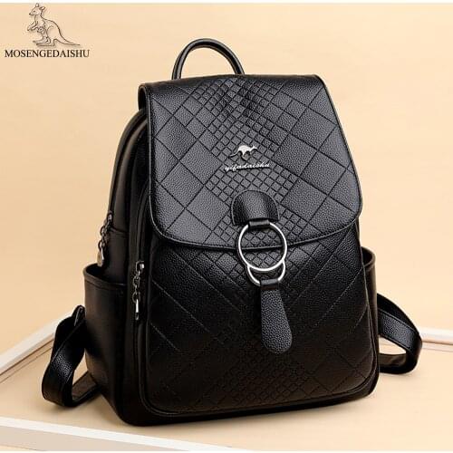 Diamond Lattice Backpacks for Women Fashion Belt Buckle Design Backpack Teenagers Girl Real Leather School Bags Female Mochila