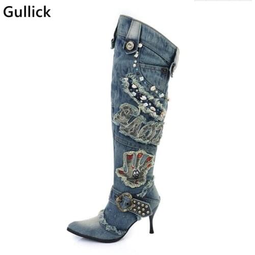 Newest Sky Blue Wash Denim Beaded High Heel Knee Length Boots Thin Heel Motorcycle Jeans Boots Patchwork Side Zip Winter Shoe