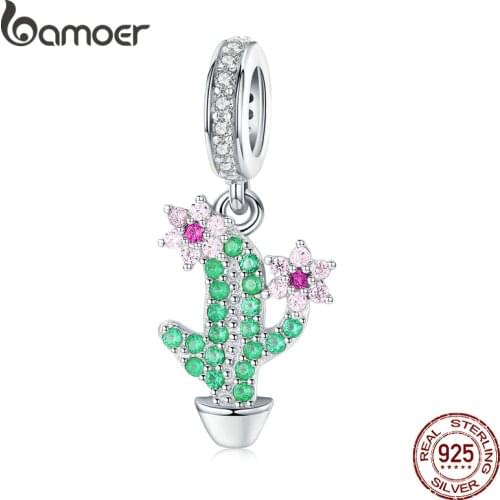 Bamoer Garden Cactus Pendant Charm for Women Original Silver Bracelet 3mm Genuine 925 Sterling Silver Fine Jewelry BSC121