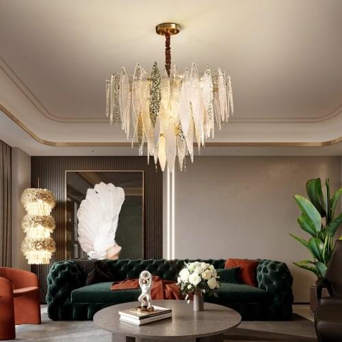 FKL Modern Crystal Leaf Design Round Led Chandeilers For Living Dining room Bedroom Hanging Chain Chandelier Indoor Light Fixtu