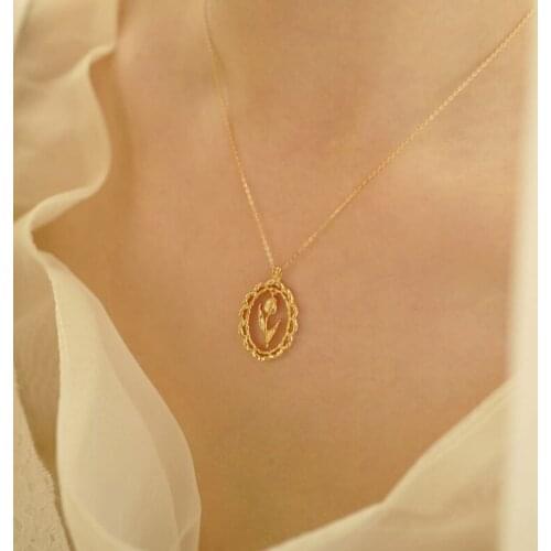Sterling 925 Silver Tulip Flower Pendant kolye Oval Gold Elegant Chic Necklace for Women collares collier Birthday Jewelry