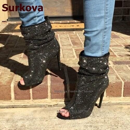 Surkova Bling Bling Crystal Ankle Boots Thin High Heel Open Toe Short Booties Shiny Rhinestone Banquet Dress Shoes Size43 Pumps