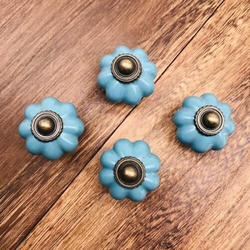 Navy Blue Decorative Pumpkin Cabinet Knobs - Pack of 8 Pcs - 34mm Dia Solid Ceramic Door Handle Handmade Home Decor Hardware