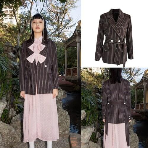 Japan Style Stripe Women Suits Custom Made Notched Lapel Blazer With Belt Fashion Daily Casual 2 Pieces Jacket