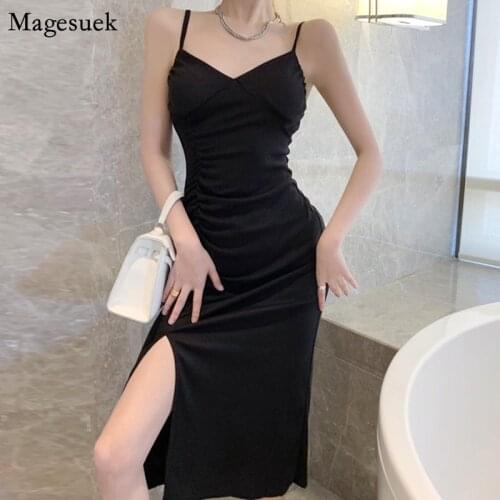 Elegant Evening Black Party Dress Woman Summer Robes Split Sexy Slim Slip Dress Women Pleated Backless Long Dresses Female 14686