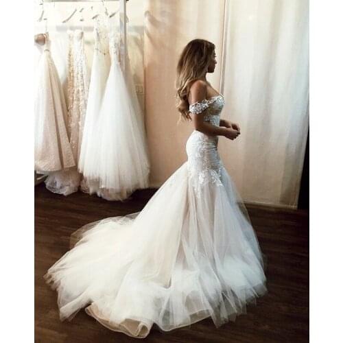 2021 Sexy Open Back Vintage Lace Wedding Dress Mermaid Off the Shoulder Illusion Applique Tulle Court Train Bridal Dresses