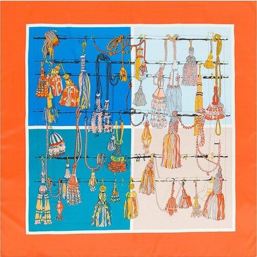 100x100cm 100% Silk Square Scarf Women Scarves Rope Tassel Print Bandana Female Designer Shawl And Wrap Muslim Lady Foulard