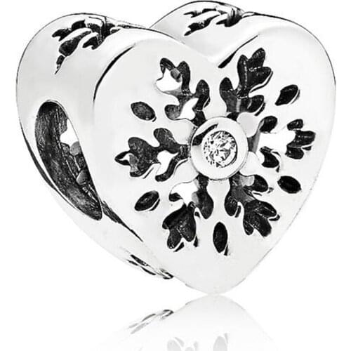 Authentic S925 Beads for Women Bracelets & Bangles Snowflake Heart Charm Clear CZ DIY Jewelry