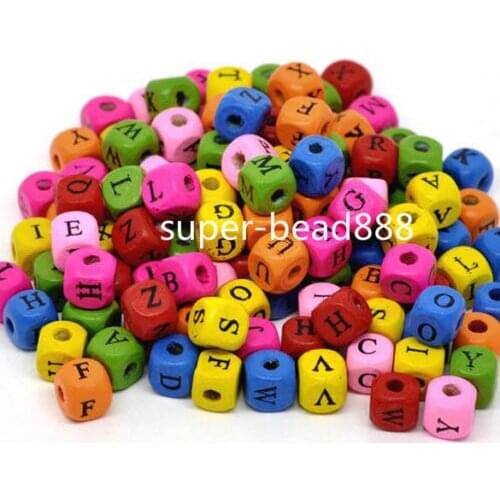 Free Ship 500Pcs Mixed Alphabet Letter Cube Wood Spacer Beads 10x9mm