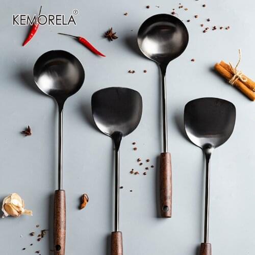 Black Retro Stainless Steel Beech And Soup Ladle Heat Resistant Seamless Kitchen Wooden Handle Cookware Cooking Tools