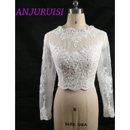 ANJURUISI Elegant Appliques Shares of Womens Long Sleeve White Lace Shoulders Cropped Bolero Wedding Jacket 2019 Bridal Wraps