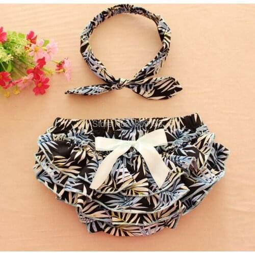 Ruffel Bamboo Print Floral Girls Shorts Vintage Cotton Infant Diaper Covers with knot headband