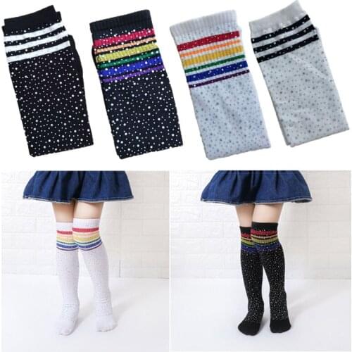 KLV New Fashion Children Knee High Socks Colorful Striped Rhinestone Decoration Girls Stockings Long Tube Warm Sock For 3-12Y