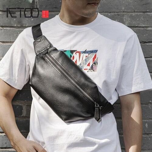 AETOO Mens leather chest bag, casual top layer leather shoulder bag, retro trendy mens messenger bag