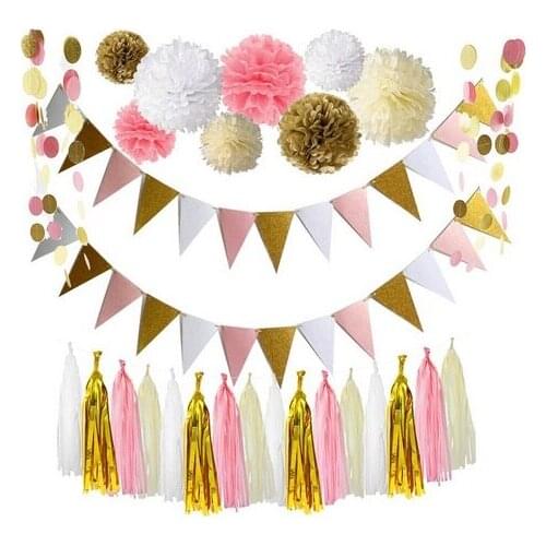 Pink Gold White Theme Wedding Decoration Set,Triangle Glitter Banner, Tissue Pom Poms,Tissue Tassel, Glitter Polka Dot Garland